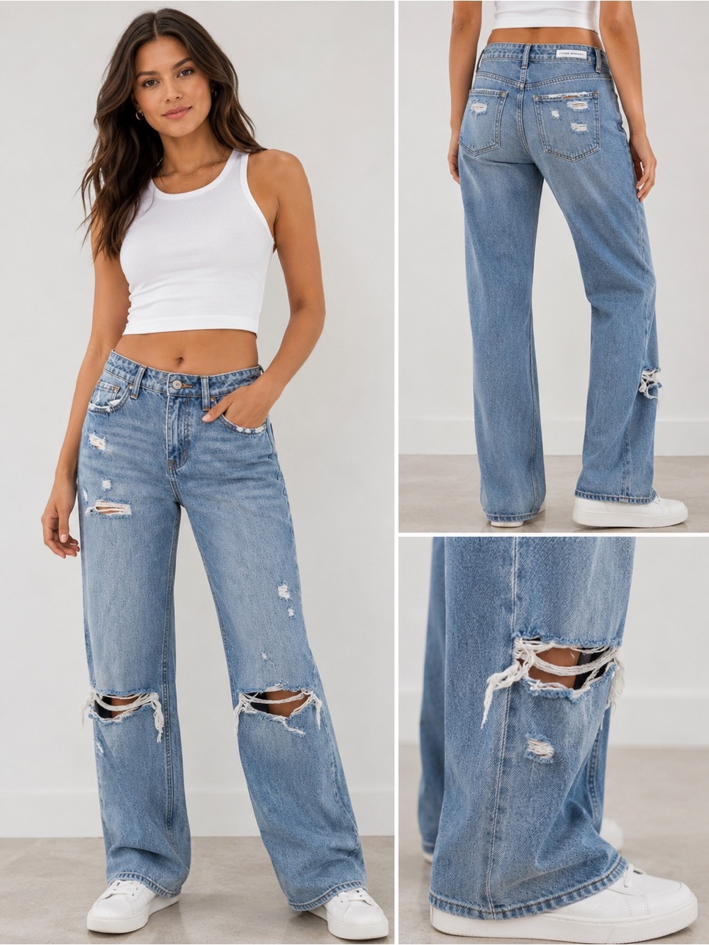 Flying Monkey Distressed Wide Leg Jeans Womens Light Wash High Rise Ripped Denim